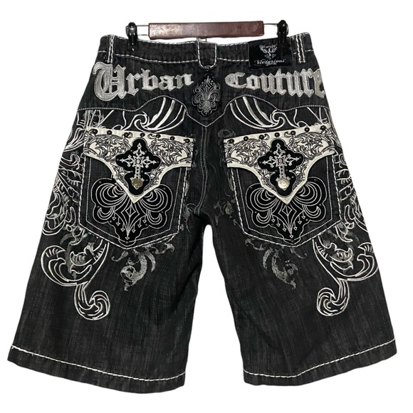 Vintage Urban Couture Victorious Baggy Embroidered Y2K Cross Black Denim Shorts - Picture 16 of 16
